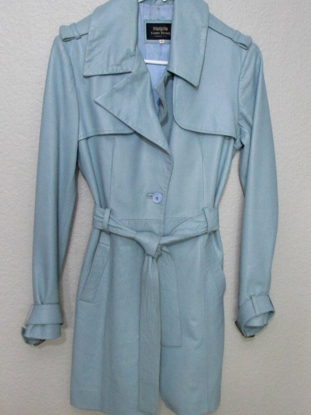 Vintage 1990s Bargello Leather Factory Blue Leather Trench Coat
